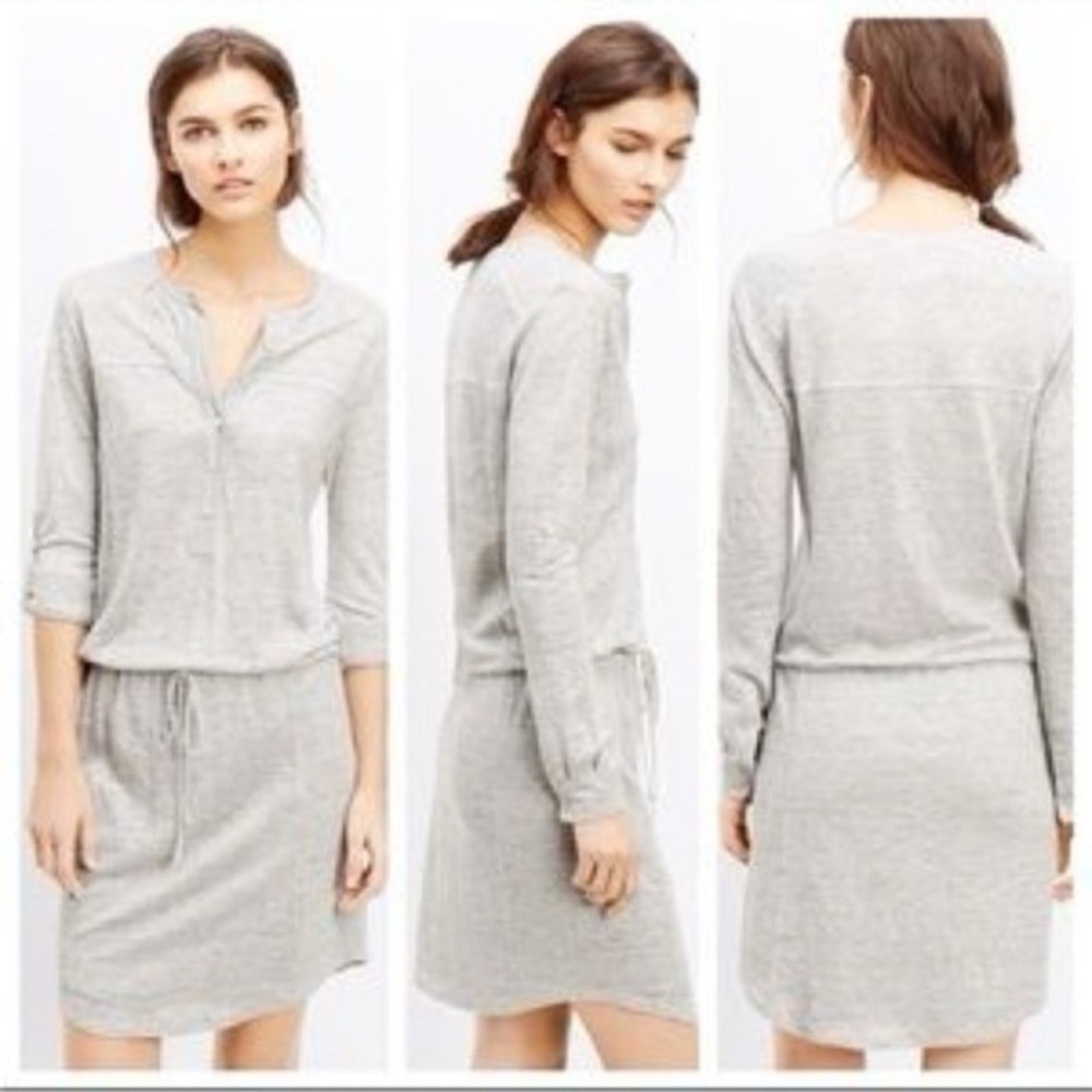 VINCE linen Henley Drawstring Shirt Dress Long Sleeve Casual
